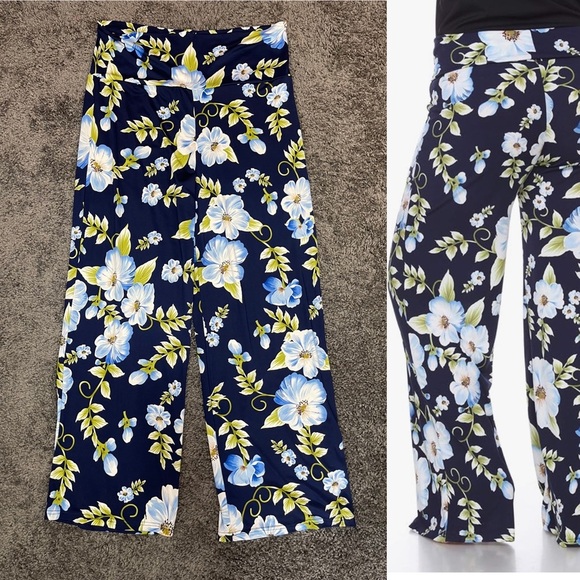 White Mark Navy blue floral high waist wide leg stretch palazzo pants size 2XL - Picture 13 of 13